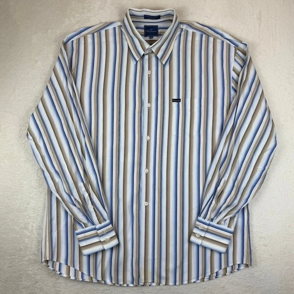 Faconnable Mens XXL‎ Blue/Tan/White Striped Long Sleeve Button Down Cotton Shirt